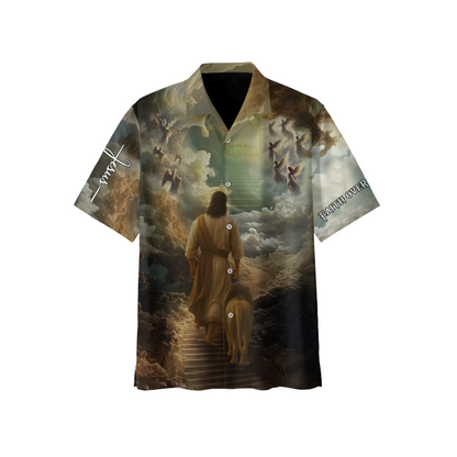 Faith Over Fear Christian Hoodie – 3D Jesus Walking with Lion to Heaven, Angel Cloud Religious Zip Up Jacket