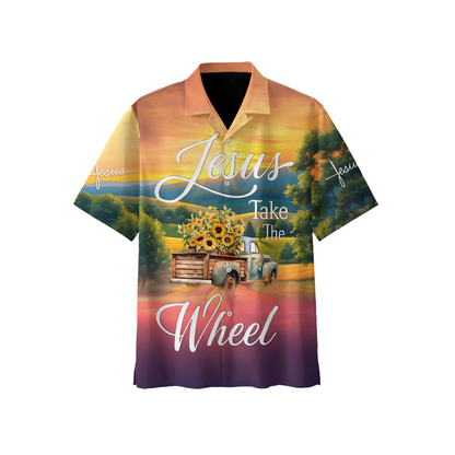 Jesus Take the Wheel – Vintage Truck with Sunflowers and Sunset Country Road Scene