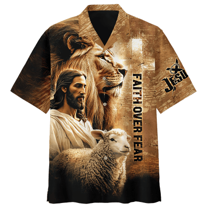 Faith Over Fear – Christian Lion, Jesus and Lamb Design - All Over Prints Hoodie Shirt