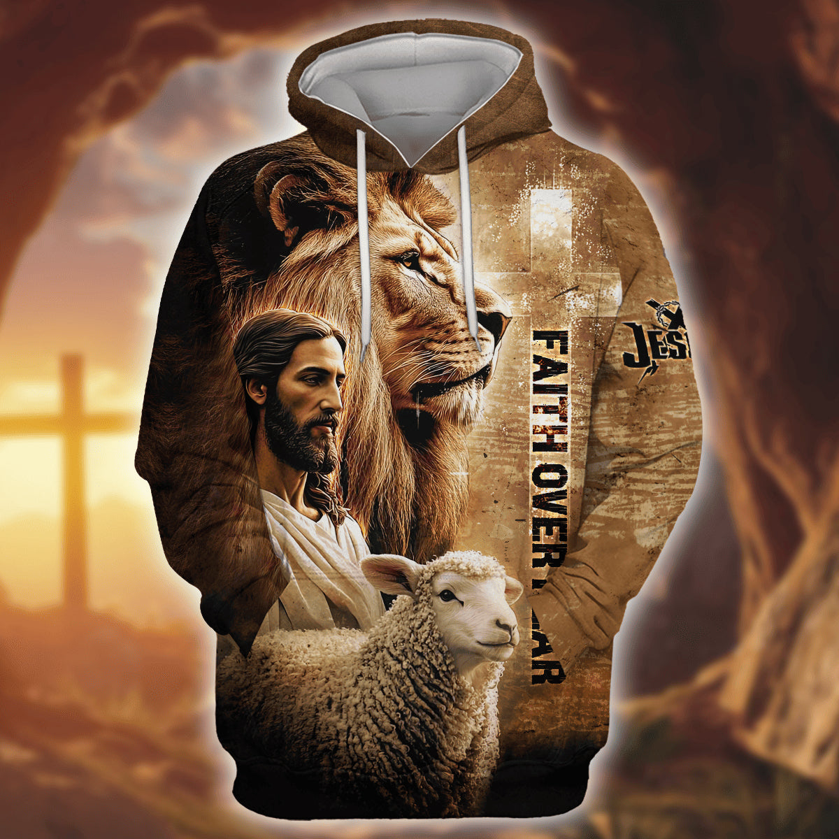 Faith Over Fear – Christian Lion, Jesus and Lamb Design - All Over Prints Hoodie Shirt