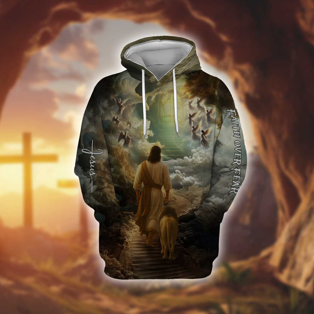 Faith Over Fear Christian Hoodie – 3D Jesus Walking with Lion to Heaven, Angel Cloud Religious Zip Up Jacket