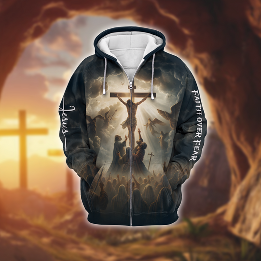 Powerful Christian Artwork – Jesus on the Cross Surrounded by Angels and Followers