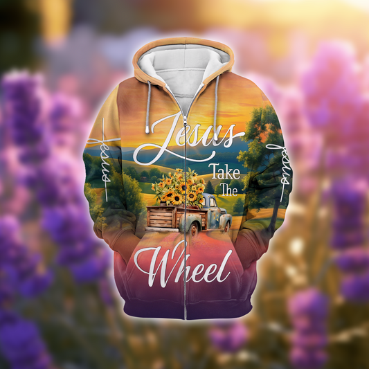 Jesus Take the Wheel – Vintage Truck with Sunflowers and Sunset Country Road Scene