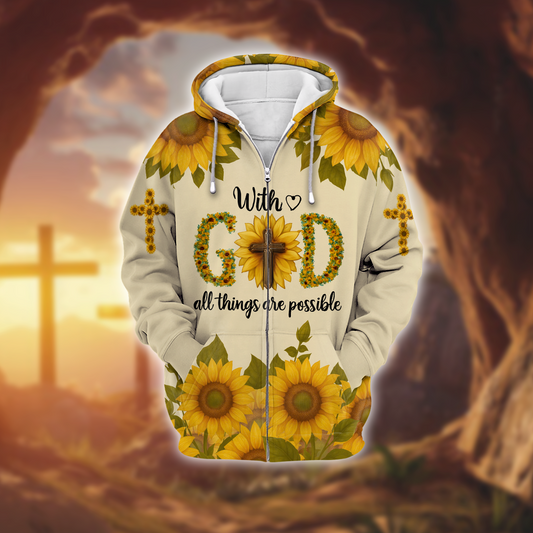With God All Things Are Possible Sunflower Christian Hoodie – Faith Cross Zip Up Sweatshirt for Believers