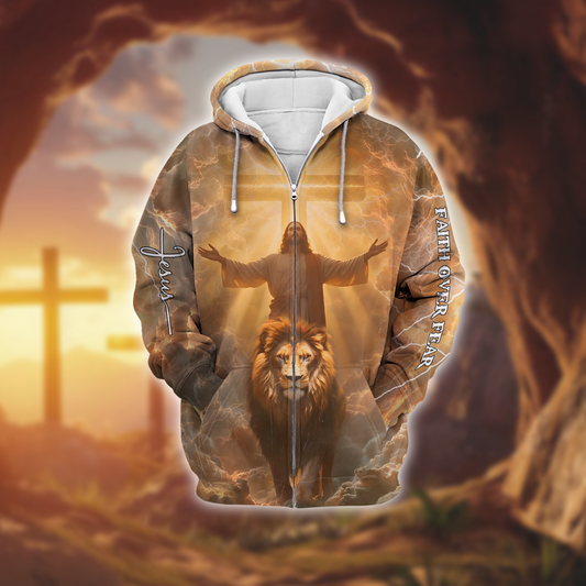 Faith Over Fear Hoodie – 3D Jesus and Lion Christian Zip Up Jacket, Powerful Religious Graphic Hoodie