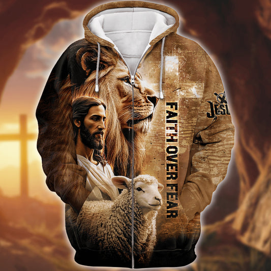 Faith Over Fear – Christian Lion, Jesus and Lamb Design - All Over Prints Hoodie Shirt