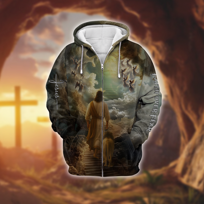 Faith Over Fear Christian Hoodie – 3D Jesus Walking with Lion to Heaven, Angel Cloud Religious Zip Up Jacket