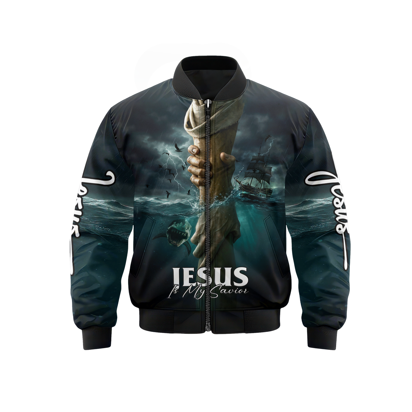 Jesus Is My Savior Hoodie – Christian Faith Zip Up Sweatshirt with Cross and Hand of God Design