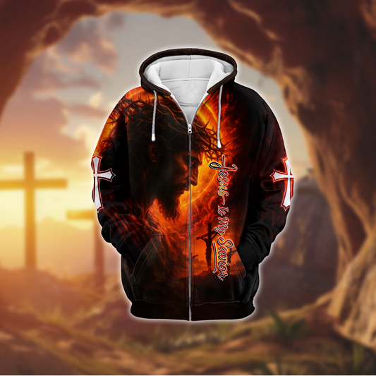 Jesus Is My Savior Hoodie – Christian Faith Cross Zip Up Sweatshirt with Crown of Thorns Design