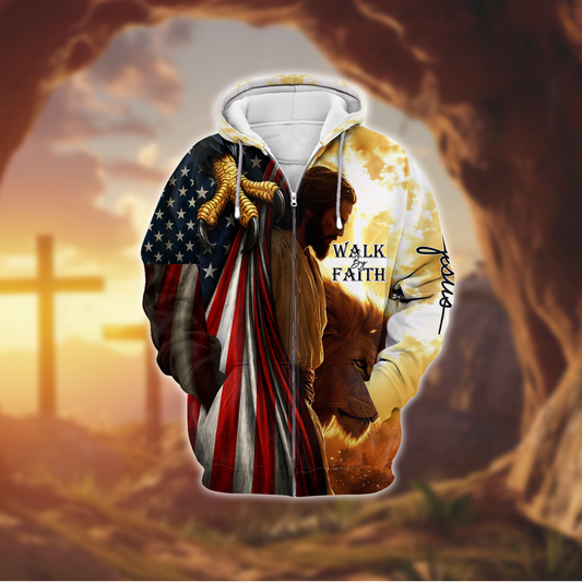 Walk by Faith Hoodie – Jesus with American Flag and Lion – Christian Patriotic Zip Up Jacket, easychoo.com