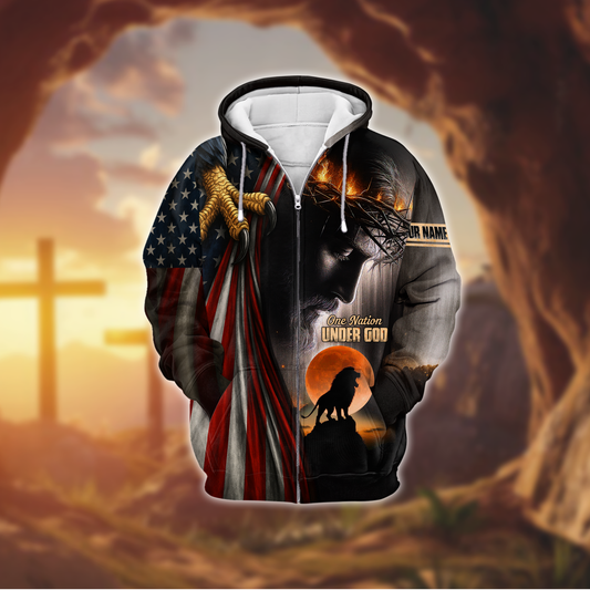 One Nation Under God Christian Hoodie – American Flag Eagle Cross Zip Up – Patriotic Faith in Jesus Christ Apparel, easychoo.com