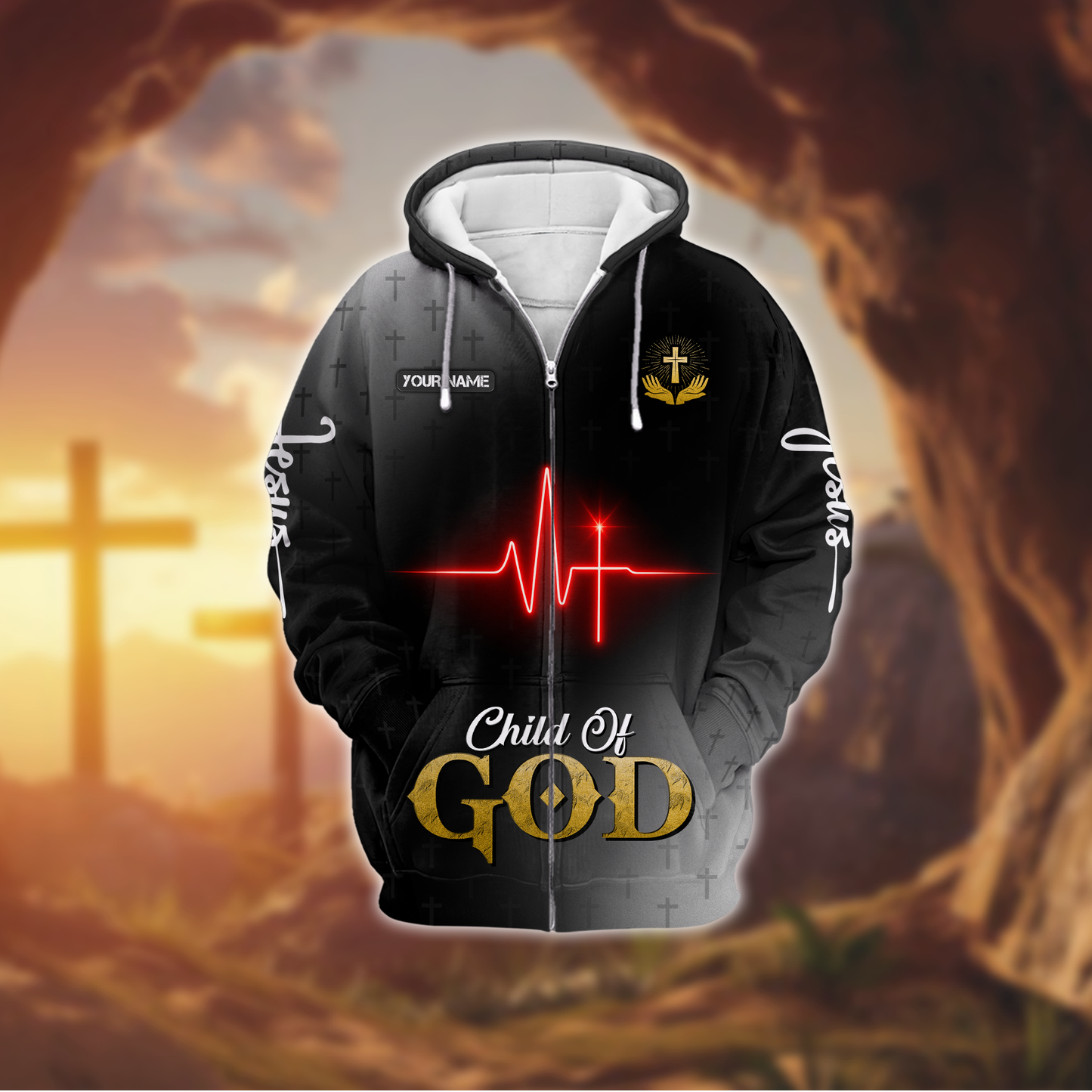 Jesus Heartbeat Hoodie – Child of God Christian Zip Up Jacket with Cross Design