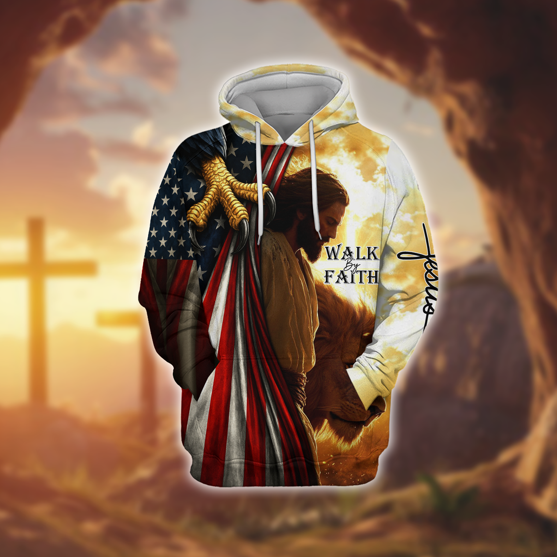 Walk by Faith Hoodie – Jesus with American Flag and Lion – Christian Patriotic Zip Up Jacket, easychoo.com