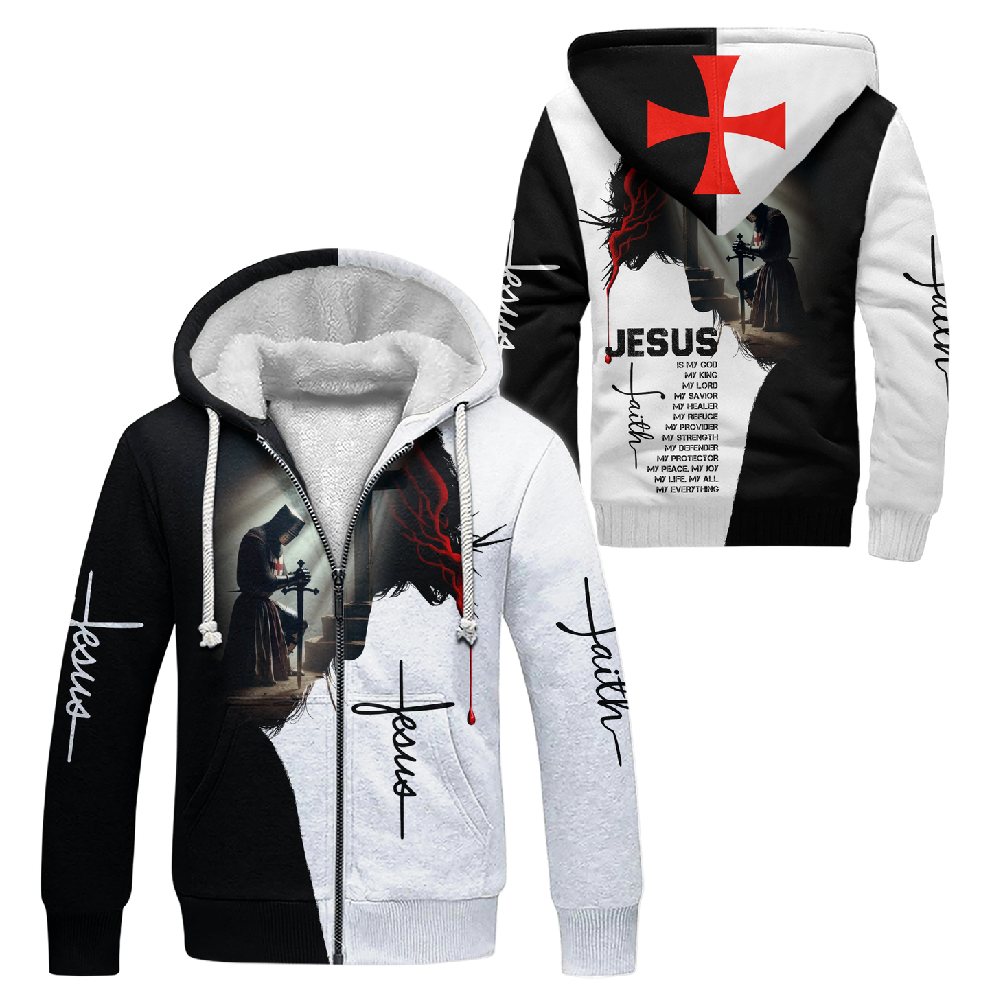 Jesus Christian Hoodie – Knight Prayer Cross Faith Zip Up Sweatshirt with Bible Verse Design