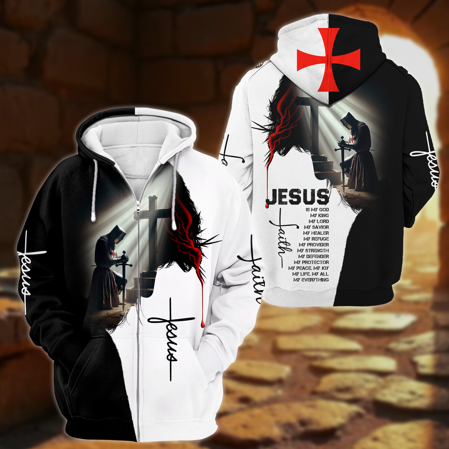 Jesus Christian Hoodie – Knight Prayer Cross Faith Zip Up Sweatshirt with Bible Verse Design