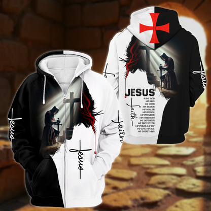 Jesus Christian Hoodie – Knight Prayer Cross Faith Zip Up Sweatshirt with Bible Verse Design