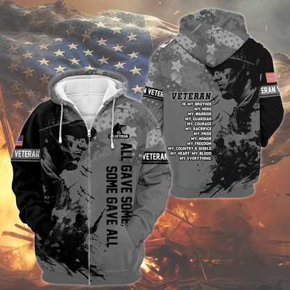All Gave Some Some Gave All Hoodie – U.S. Veteran Military Zip Up, Soldier Tribute Sweatshirt, Patriotic Gift for Men