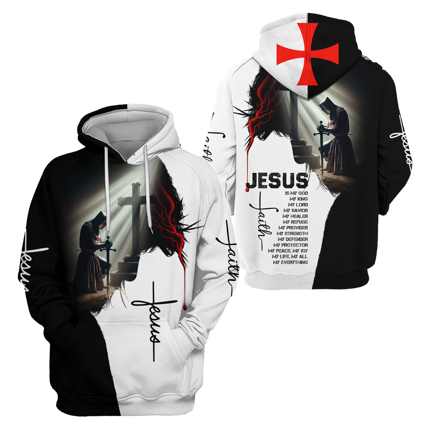 Jesus Christian Hoodie – Knight Prayer Cross Faith Zip Up Sweatshirt with Bible Verse Design