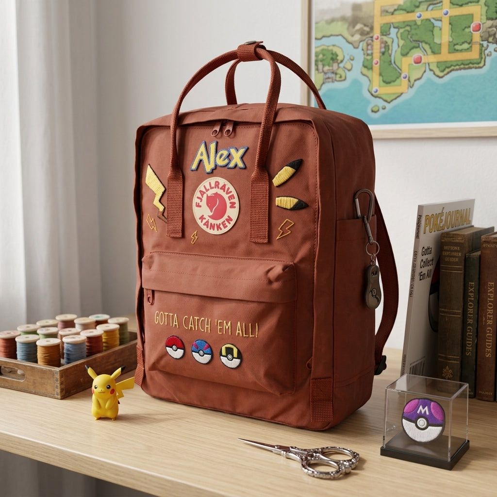 Handbestickter Fjällräven-Kånken-Rucksack mit Pokémon-Motiv
