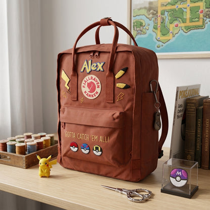 Handbestickter Fjällräven-Kånken-Rucksack mit Pokémon-Motiv