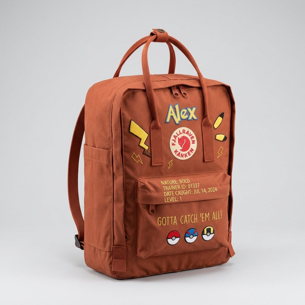 Handbestickter Fjällräven-Kånken-Rucksack mit Pokémon-Motiv