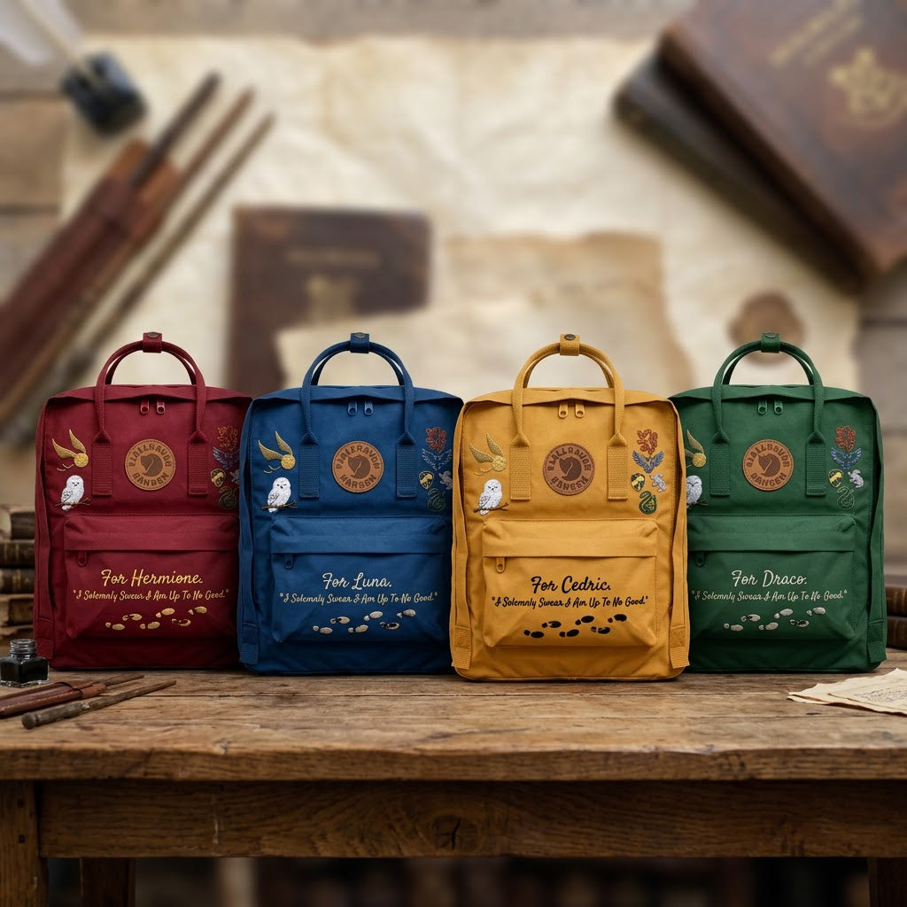 Handbestickter Fjällräven-Kånken-Rucksack mit Harry-Potter-Motiv