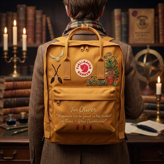 Handbestickter Fjällräven-Kånken-Rucksack mit Harry-Potter-Motiv