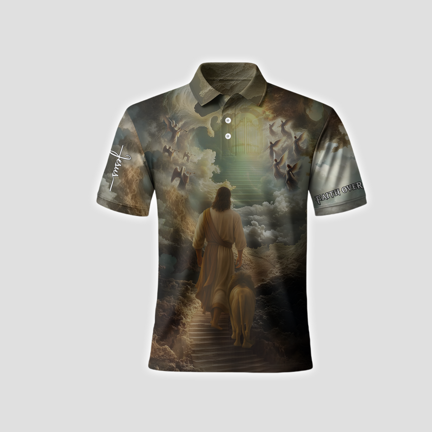 Faith Over Fear Christian Hoodie – 3D Jesus Walking with Lion to Heaven, Angel Cloud Religious Zip Up Jacket