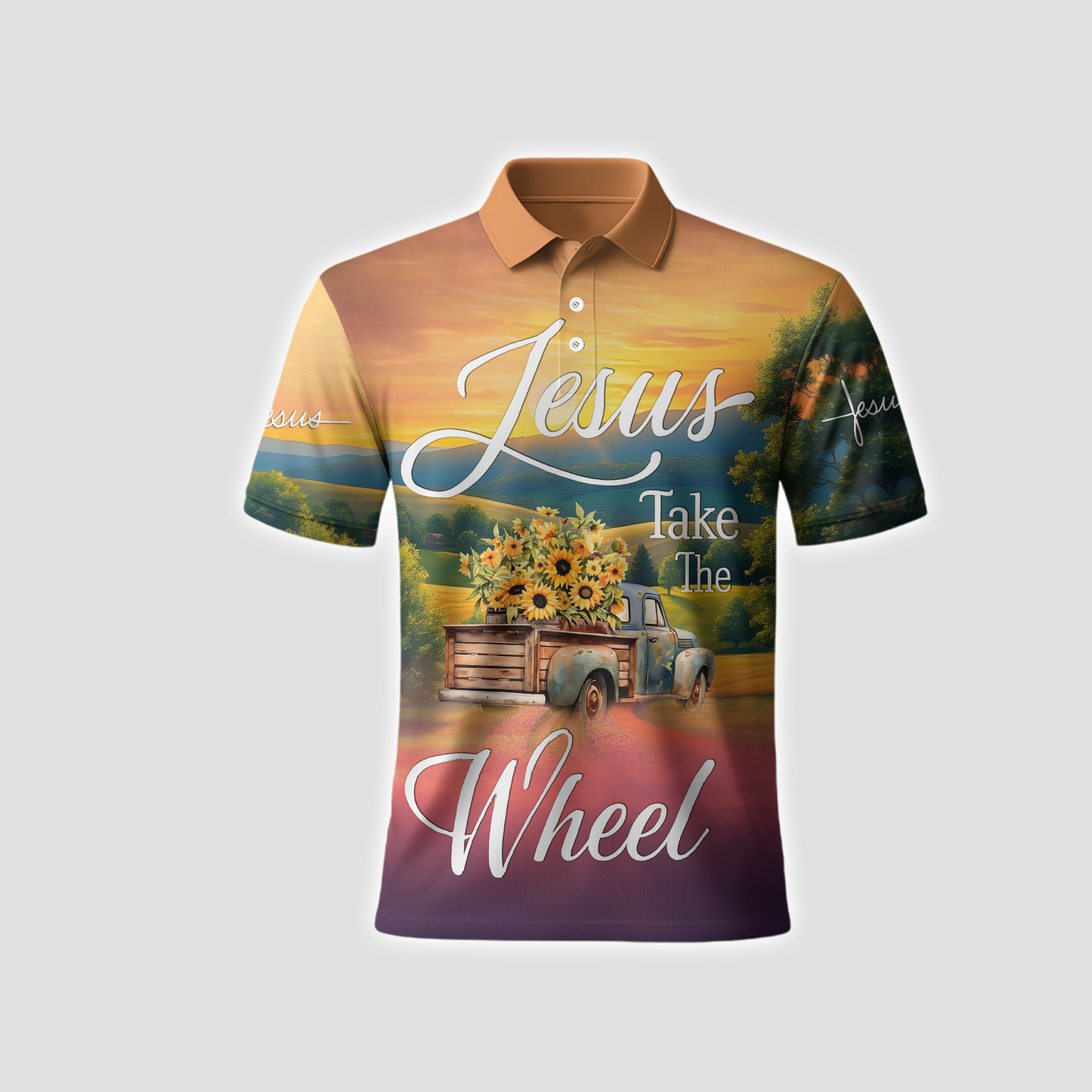 Jesus Take the Wheel – Vintage Truck with Sunflowers and Sunset Country Road Scene