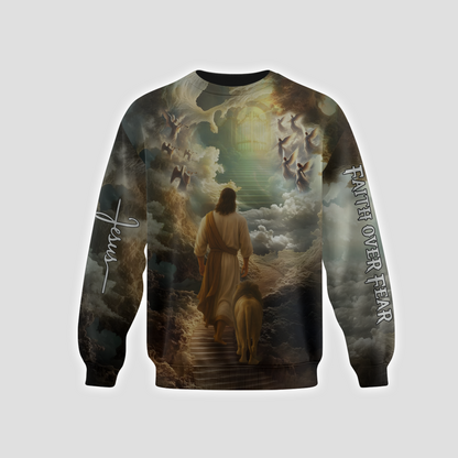 Faith Over Fear Christian Hoodie – 3D Jesus Walking with Lion to Heaven, Angel Cloud Religious Zip Up Jacket