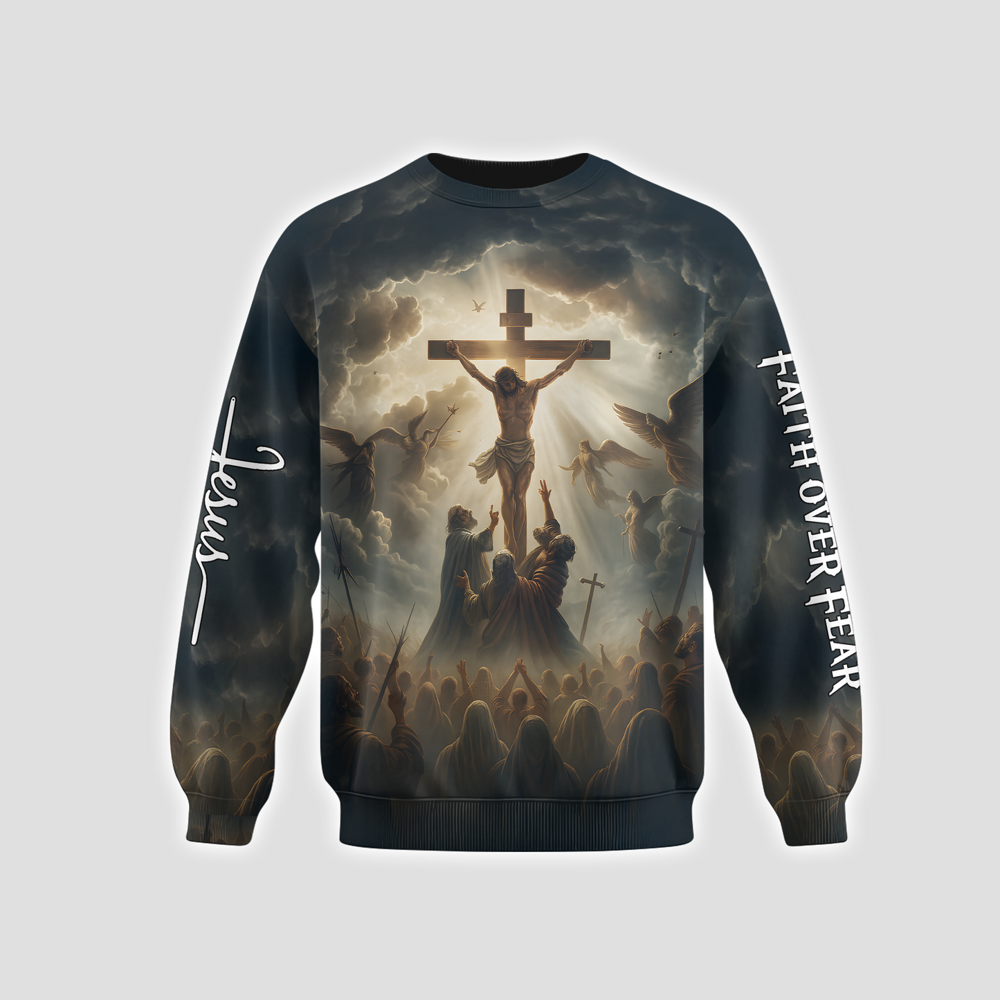 Powerful Christian Artwork – Jesus on the Cross Surrounded by Angels and Followers