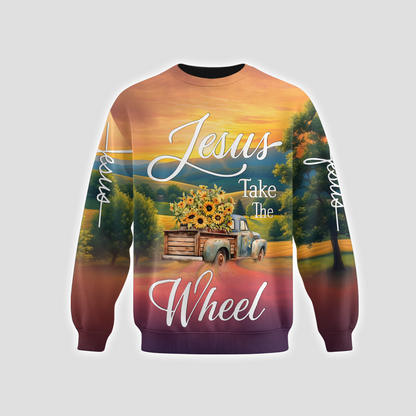 Jesus Take the Wheel – Vintage Truck with Sunflowers and Sunset Country Road Scene