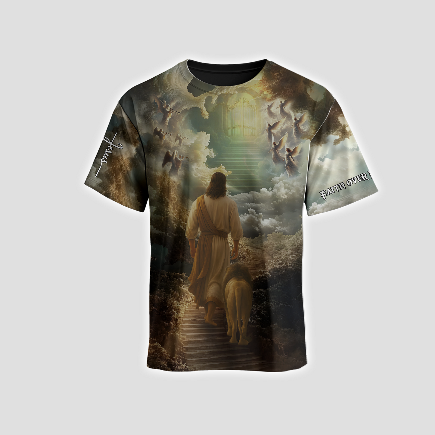 Faith Over Fear Christian Hoodie – 3D Jesus Walking with Lion to Heaven, Angel Cloud Religious Zip Up Jacket
