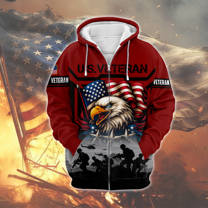 U.S. Veteran Hoodie – American Eagle and Flag Design, Patriotic Military Zip Up Hoodie