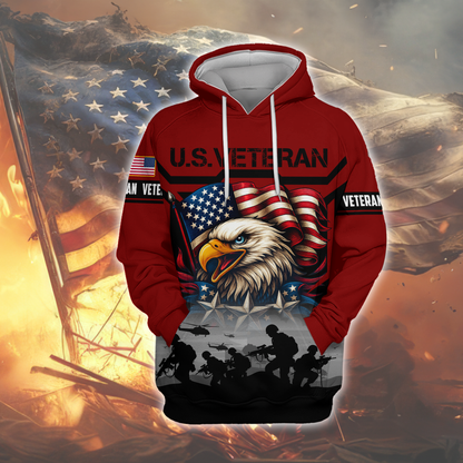 U.S. Veteran Hoodie – American Eagle and Flag Design, Patriotic Military Zip Up Hoodie