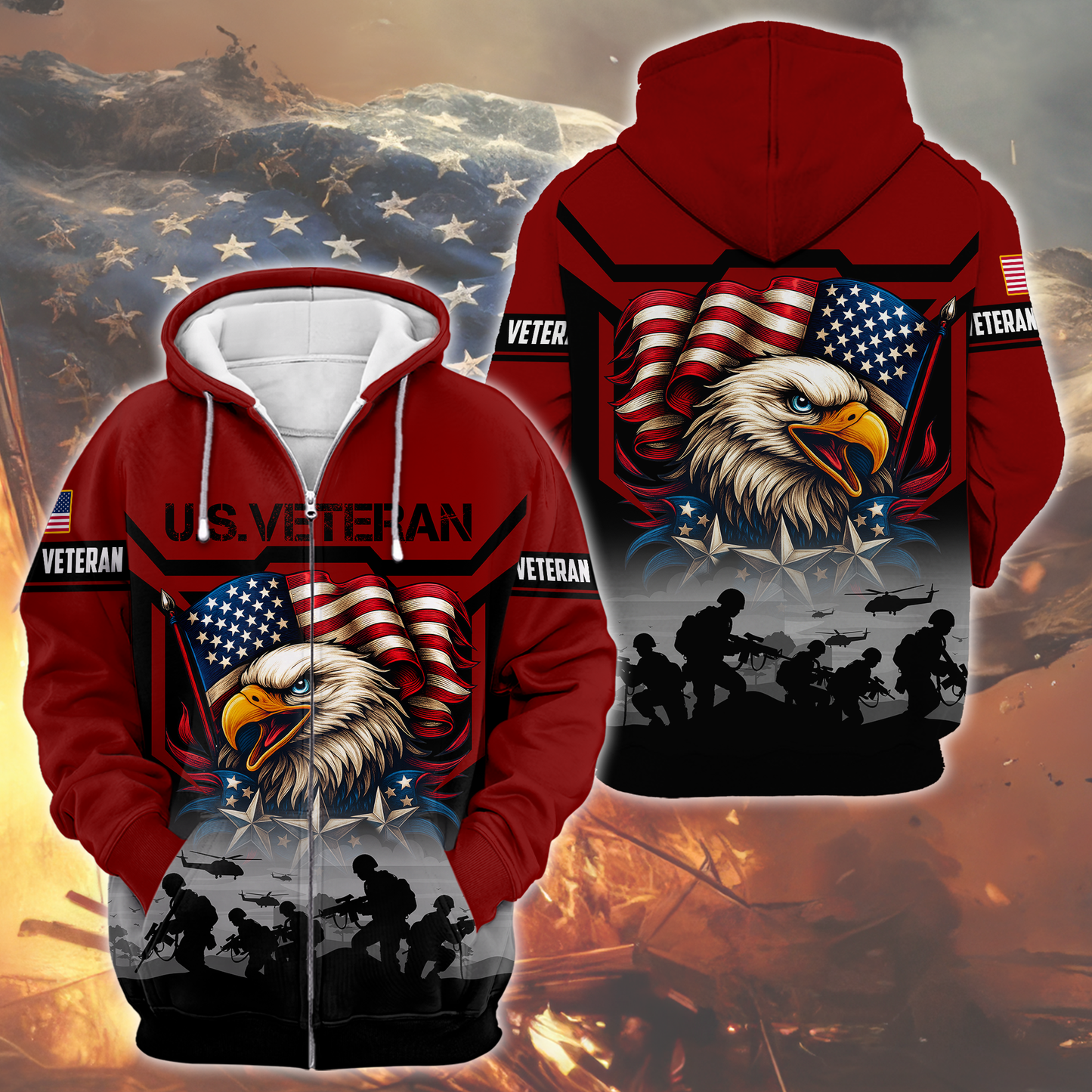 U.S. Veteran Hoodie – American Eagle and Flag Design, Patriotic Military Zip Up Hoodie