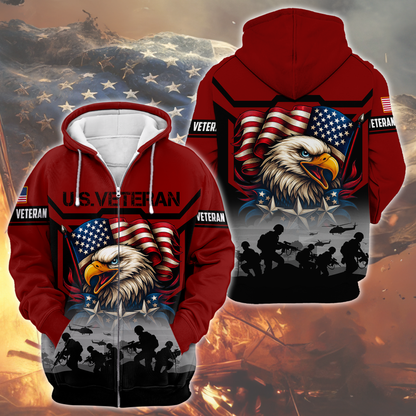 U.S. Veteran Hoodie – American Eagle and Flag Design, Patriotic Military Zip Up Hoodie