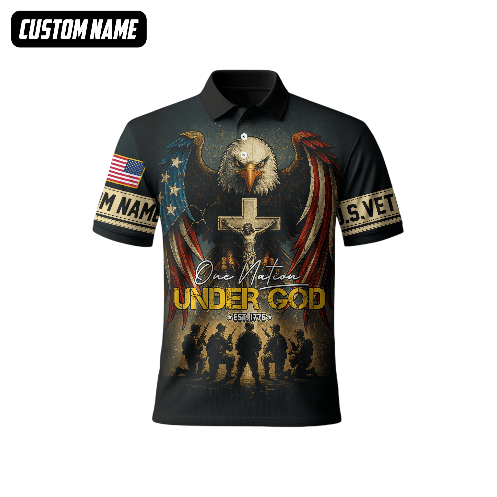 U.S. Veteran Hoodie – One Nation Under God, Eagle with Cross and Soldiers Design, easychoo.com