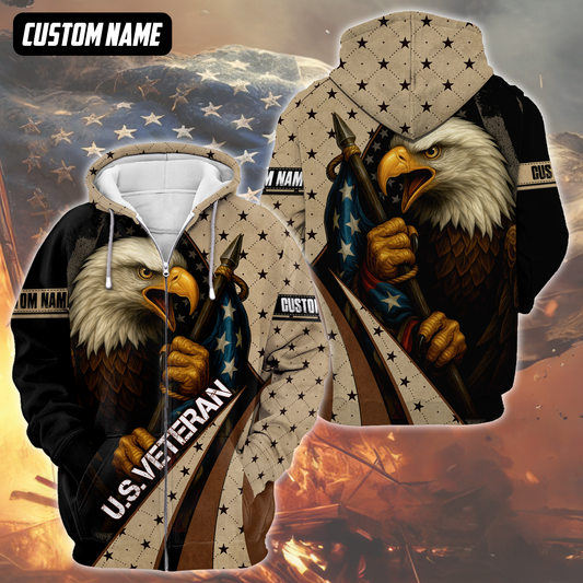 Personalized U.S. Veteran Hoodie – Bald Eagle and American Flag, Patriotic Zip Up Gift, easychoo.com