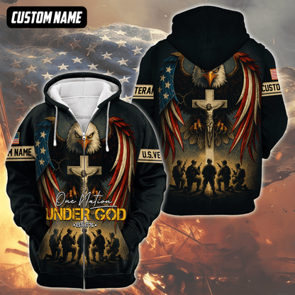 U.S. Veteran Hoodie – One Nation Under God, Eagle with Cross and Soldiers Design, easychoo.com