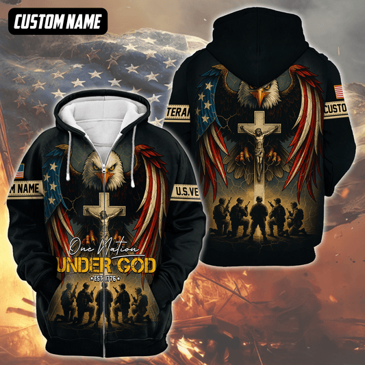 U.S. Veteran Hoodie – One Nation Under God, Eagle with Cross and Soldiers Design, easychoo.com