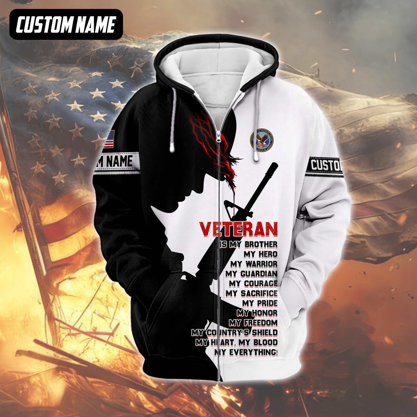 Veteran Hoodie – My Brother My Hero My Everything, Patriotic Military Honor Zip Up