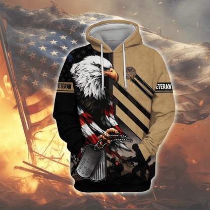 U.S. Veteran Hoodie – American Eagle Flag and Dog Tag Design, Patriotic Military Zip Up