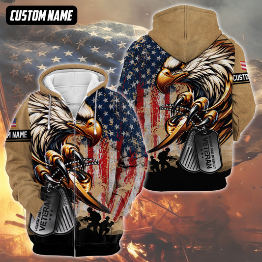 Veteran Eagle Hoodie – U.S. Flag and Dog Tag Design, Custom Name Patriotic Gift
