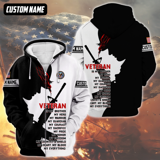 Veteran Hoodie – My Brother My Hero My Everything, Patriotic Military Honor Zip Up