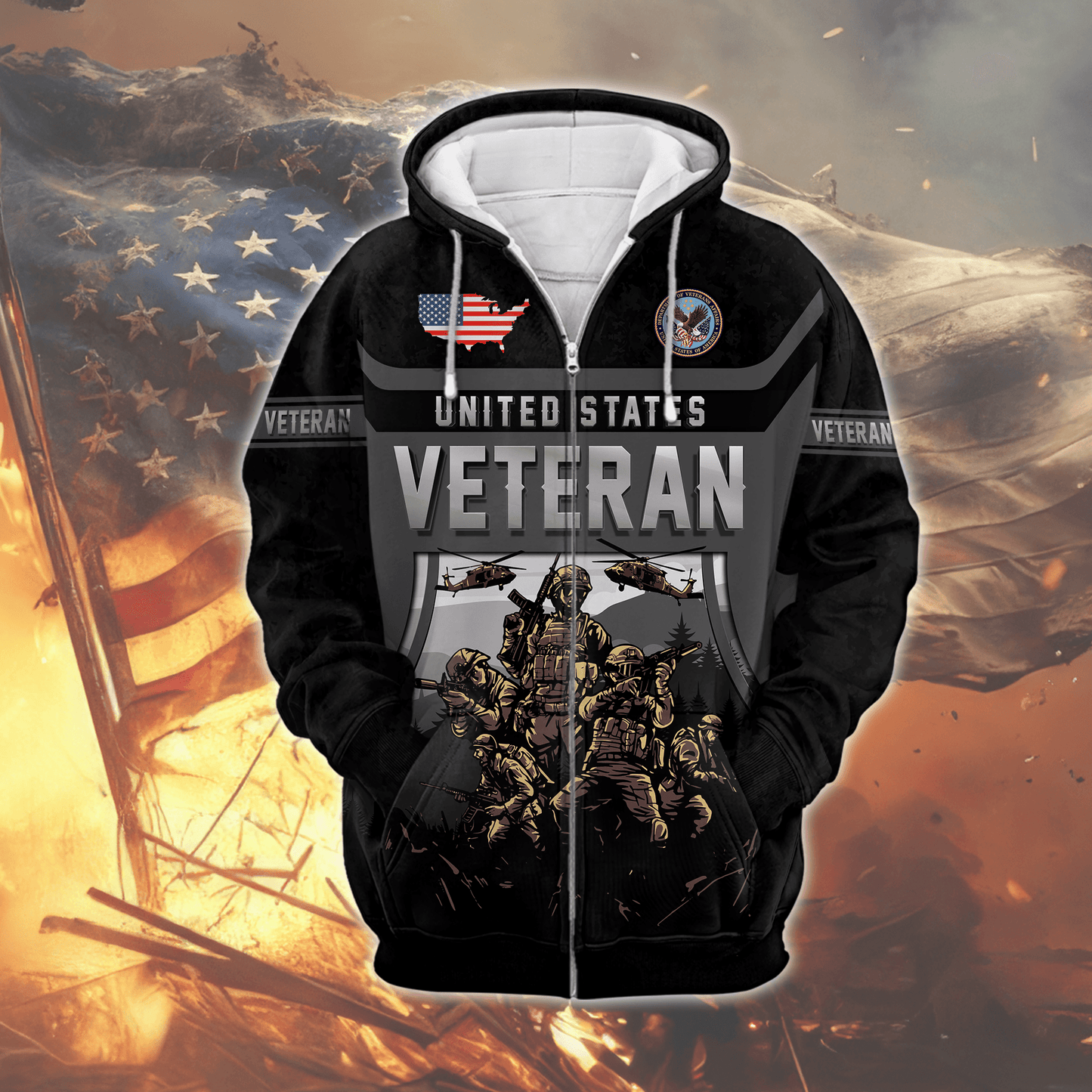 United States Veteran Hoodie – Military Soldier Zip Up Sweatshirt
