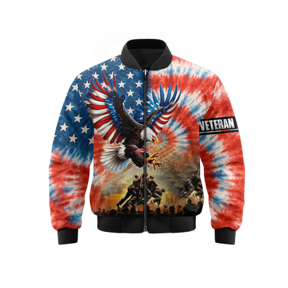 American Eagle Veteran Hoodie – Patriotic Tie Dye Zip Up, U.S. Flag Military Sweatshirt, Honor & Freedom Veteran Gift for Men