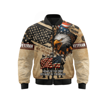 American Veteran Hoodie – Home of the Free Because of the Brave, Eagle & Soldiers Zip Hoodie, U.S. Flag Military Sweatshirt