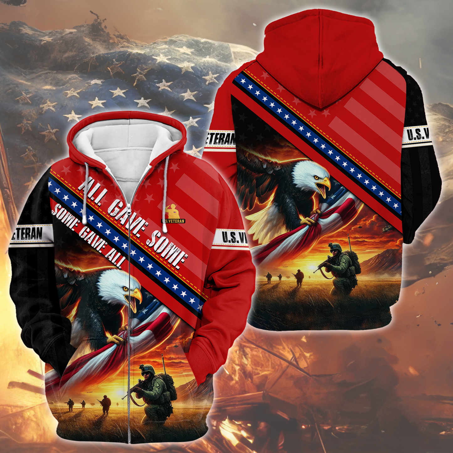 American Veteran Patriotic Eagle with U.S. Flag All-Over Print Hoodie, easychoo.com