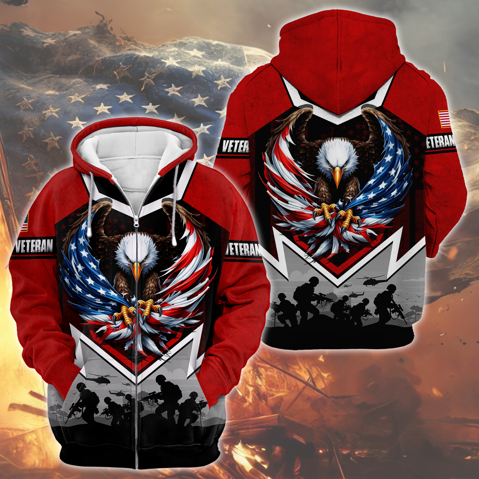 American Veteran Patriotic Eagle with U.S. Flag All-Over Print Zip Hoodie, easychoo.com